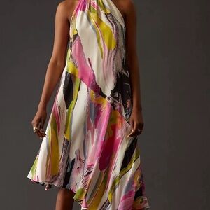 by Anthropologie Watercolor Silk Halter Asymmetrical V Back Midi Dress